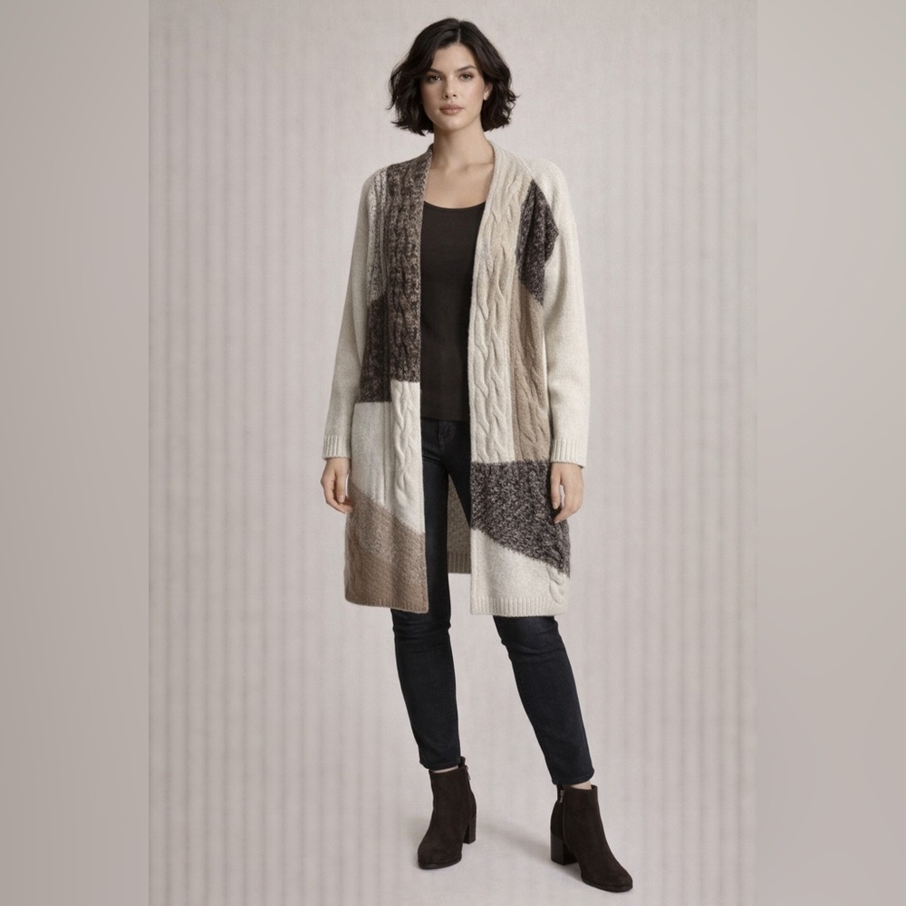 Vertigo Elegant Patchwork Knit Cardigan Long Open Front Sweater